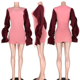Casual Patchwork Plush Ruffled Sleeve Mini Dress ASL-6200 