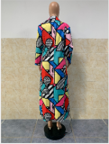 Geometric Print Notched Neck Long Coat GLF-8038