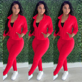 Solid Long Sleeve Zipper Two Piece Pants Set TE-4114