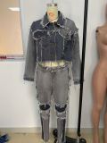 Patchwork Denim Jacket+Jeans Pants Two Piece Sets LSD-8773