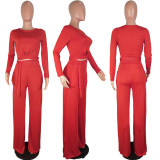 Fashion Casual Solid Color Lace Up Long Sleeve Two Piece Set LUO-3030-1