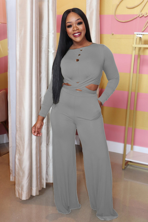 Fashion Casual Solid Color Lace Up Long Sleeve Two Piece Set LUO-3030-1