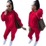 Solid Color Plush Sweatshirt Hoodie Long Pant Two Piece Set TE-4122