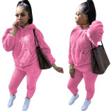 Solid Color Plush Sweatshirt Hoodie Long Pant Two Piece Set TE-4122