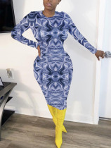 Casual Printed Long Sleeve Slim Midi Dress QZX-6171 