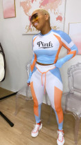 Pink Letter Print Fitness Long Sleeve Two Pants Set FNN-8539