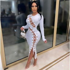 Sexy Long Sleeve Lace Up Slim Maxi Dress CHY-1266