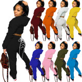 Solid Hoodies Lace Up Sweatpants Two Piece Sets YS-8711