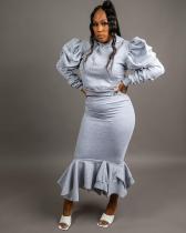 Solid Puff Sleeve Ruffled Irregular Skirt Two Piece Sets SFY-183