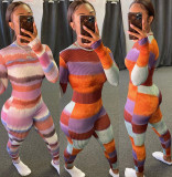 Sexy Striped Rib Long Sleeve Bodycon Jumpsuit WSM-5205
