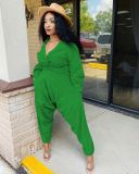 Solid V Neck Long Sleeve Two Piece Pants Set MEM-8311