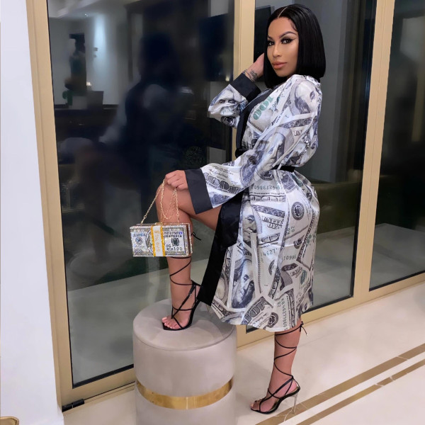 Sexy Loose Dollar Print Full Sleeve Nightgown Midi Dress SFY-186