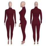 Solid Long Sleeve Rib Tops+Plush Pants Two Piece Suits NIK-191