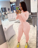 Solid Long Sleeve Rib Tops+Plush Pants Two Piece Suits NIK-191