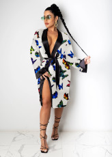 Sexy Printed Loose Full Sleeve Sashes Pajamas Midi Dress SHD-9452