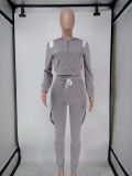 Solid Hooded Long Sleeve Two Piece Pants Set NK-8586