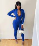 Casual Solid Front Zipper Long Sleeve Jumpsuits AIL-138
