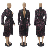Sexy Printed Loose Full Sleeve Sashes Pajamas Midi Dress SHD-9452