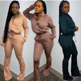 Casual Solid Long Sleeve Zipper Two Piece Sets WAF-7115