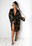 Sexy Printed Loose Full Sleeve Sashes Pajamas Midi Dress SHD-9452