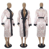 Sexy Printed Loose Full Sleeve Sashes Pajamas Midi Dress SHD-9452