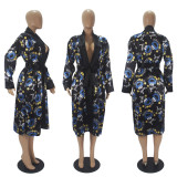 Sexy Printed Loose Full Sleeve Sashes Pajamas Midi Dress SHD-9452