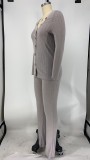Solid Rib  Buttons Tops Long Pants 2 Piece Sets XMY-9276