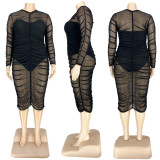 Plus Size 5XL Sexy Nightclub Mesh Ruched Midi Dress ASL-7001