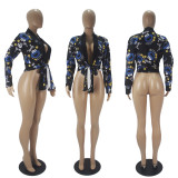 Trendy Printed Long Sleeve Tie Up Blouse Tops SHD-9453