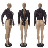 Trendy Printed Long Sleeve Tie Up Blouse Tops SHD-9453