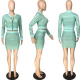 Plaid Print Long Sleeve Zipper Mini Skirt 2 Piece Sets LM-8177