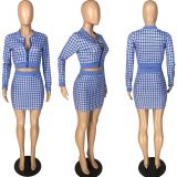 Plaid Print Long Sleeve Zipper Mini Skirt 2 Piece Sets LM-8177
