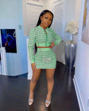 Plaid Print Long Sleeve Zipper Mini Skirt 2 Piece Sets LM-8177
