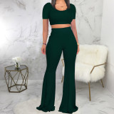 Solid Short Sleeve Flared Pants Two Piece Suits SMR-9917