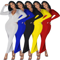 Solid Long Sleeve Bodycon Maxi Dress AIL-147