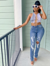 Plus Size Denim Ripped Hole Split Jeans Pants LX-5501