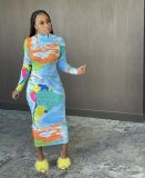 Sexy Map Print Turtleneck Long Sleeve Slim Maxi Dress SFY-218