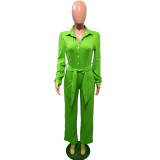 Plus Size Casual Shirt Collar Jumpsuit (With Belt) OMY-8074