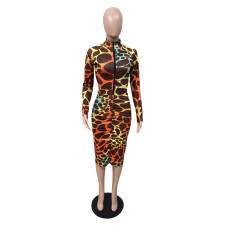 Plus Size Long Sleeve Printed Front Zip Midi Dress WAF-7132