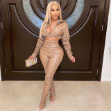Fashion Solid Color PU Leather Long Sleeve And Pants Ruched Suit FENF-055