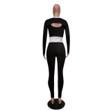 Ribbed Embroidery Letter Sleeveless Jumpsuits+Full Sleeve Crop Tops 2 Piece Sets MEM-8324