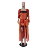 Sexy Velvet Strap Mini Dress+Long Cloak 2 Piece Sets TR-1095