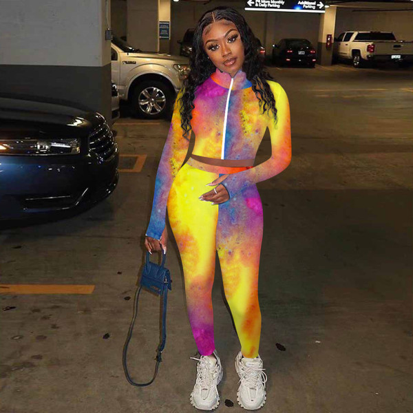 Colorful Printed Long Sleeve Two Piece Pants Set TE-4178