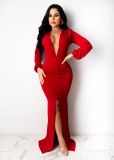Sexy Deep V Neck Rcuched High Split Maxi Evening Dress SFY-224