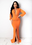 Sexy Deep V Neck Rcuched High Split Maxi Evening Dress SFY-224