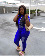 Plus Size Pink Letter Print Short Sleeve Two Piece Pants Set YIM-8101-1