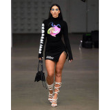 Sexy Printed Turtleneck Split Long Sleeve Mini Dress ASL-6329
