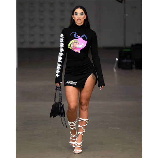 Sexy Printed Turtleneck Split Long Sleeve Mini Dress ASL-6329