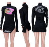 Sexy Printed Turtleneck Split Long Sleeve Mini Dress ASL-6329