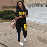 Plus Size Queen Letter Print Short Sleeve 2 Piece Set LSD-8806